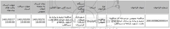 مناقصه عمومی دو مرحله ای مناقصه ترمیم و پیاده رو سازی خیابان های بعثت، شهید بارنامه و سیدقطب