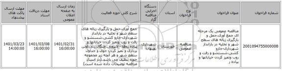 مناقصه عمومی یک مرحله ای جمع آوری،حمل و بارگیری زباله های سطح شهر و تخلیه در بارانداز شهرداری-جارو کشی،شستشو و رفت و روب وتمیز کردن خیابانها و پیاده ر
