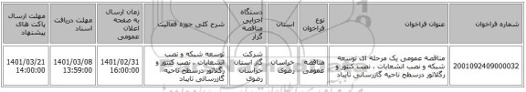 مناقصه عمومی یک مرحله ای توسعه شبکه و نصب انشعابات ، نصب کنتور و رگلاتور درسطح ناحیه گازرسانی تایباد