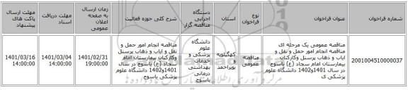 مناقصه عمومی یک مرحله ای مناقصه انجام امور حمل و نقل و ایاب و ذهاب پرسنل وکارکنان  بیمارستان امام سجاد (ع) یاسوج در سال 1401و1402 دانشگاه علوم پزشکی ی