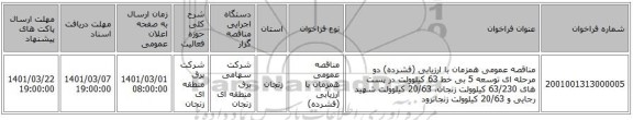 مناقصه عمومی همزمان با ارزیابی (فشرده) دو مرحله ای توسعه 5 بی خط 63 کیلوولت در پست های 63/230 کیلوولت زنجان، 20/63 کیلوولت شهید رجایی و 20/63 کیلوولت زنجانرود
