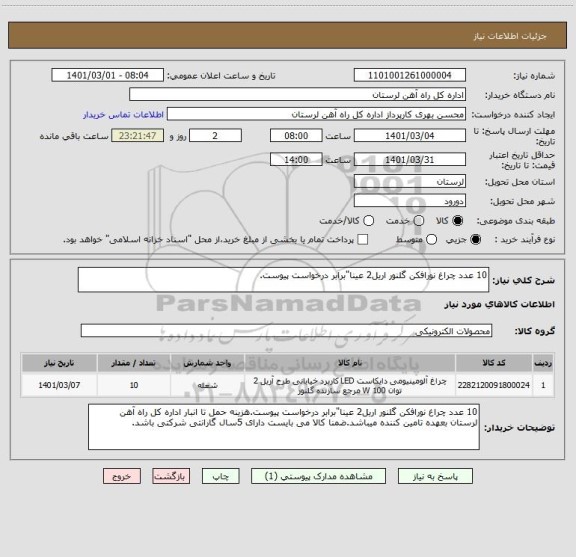 استعلام 10 عدد چراغ نورافکن گلنور اریل2 عینا"برابر درخواست پیوست.