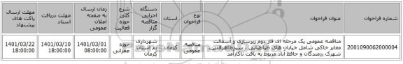 مناقصه عمومی یک مرحله ای فاز دوم زیرسازی و آسفالت معابر خاکی شامل خیابان های طباطبایی ، سیدطاهرالدین، شهرک رزمندگان و حافظ آباد مربوط به بافت ناکارآمد