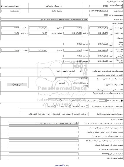 مزایده ، اجازه بهره برداری مغازه شماره سوم واقع در پارک دولت - مرحله دوم