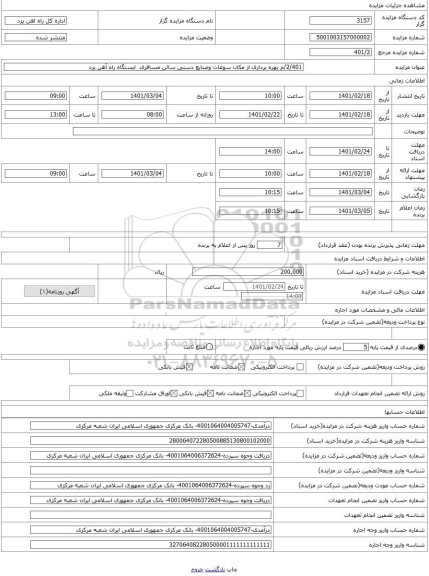 مزایده ، 2/401/م بهره برداری از مکان سوغات وصنایع دستی سالن مسافری ایستگاه راه آهن یزد
