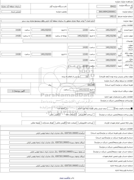 مزایده ، اجاره تعداد 7 واحد غرفه تجاری متعلق به سازمان منطقه آزاد انزلی واقع درمجتمع تجاری برند سنتر