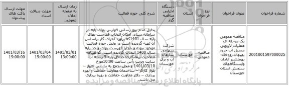 مناقصه عمومی یک مرحله ای عملیات لایروبی مسیل آب خروار بهبهان،رودخانه بهمنشیر آبادان وایستگاههای سنجش استان خوزستان