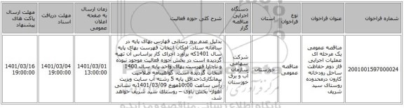مناقصه عمومی یک مرحله ای عملیات اجرایی فاز دوم حفاظت ساحل رودخانه کارون درمحدوده روستای سید شریف