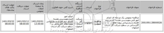 مناقصه عمومی یک مرحله ای انجام امور فنی،مهندسی،نقشه کشی،نرم افزاری و پشتیبانی پروژه های گازرسانی در سطح شرکت گاز استان اصفهان 