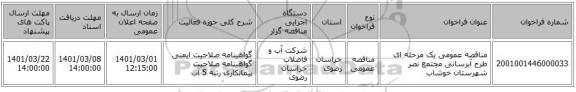 مناقصه عمومی یک مرحله ای طرح آبرسانی مجتمع نصر شهرستان خوشاب