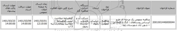 مناقصه عمومی یک مرحله ای طرح آبرسانی روستاهای : کنگ – قلعه نی – شهن آباد شهرستان زاوه