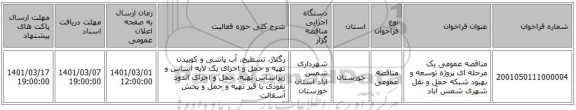 مناقصه عمومی یک مرحله ای پروژه توسعه و بهبود شبکه حمل و نقل شهری شمس آباد