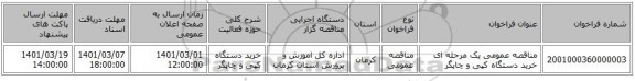 مناقصه عمومی یک مرحله ای خرید دستگاه کپی و چاپگر