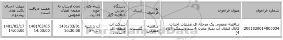 مناقصه عمومی یک مرحله ای عملیات احداث کانال انتقال آب پمپاژ مخزن 4 سد وشمگیر (بازه 4)