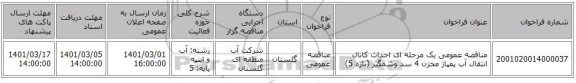 مناقصه عمومی یک مرحله ای احداث کانال انتقال آب پمپاژ مخزن 4 سد وشمگیر (بازه 5)