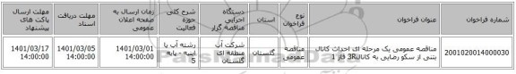 مناقصه عمومی یک مرحله ای احداث کانال بتنی از سکو رضایی به کانال3R فاز 1