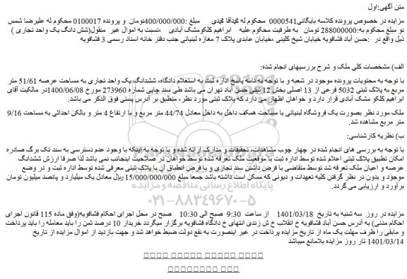 مزایده شش دانگ یک واحد تجاری