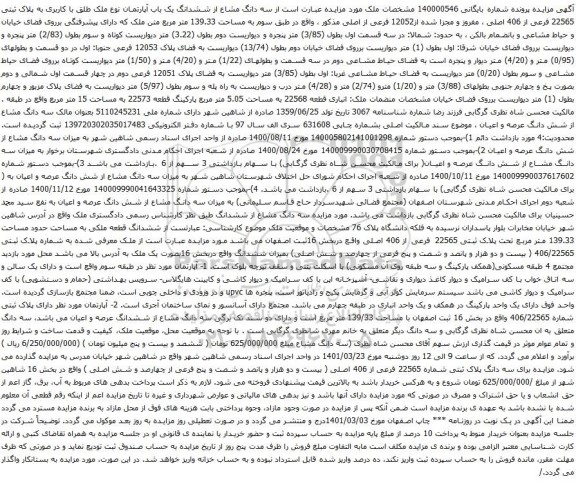 آگهی مزایده سه دانگ مشاع از ششدانگ یک باب آپارتمان نوع ملک طلق با کاربری به پلاک ثبتی 22565 فرعی از 406 اصلی