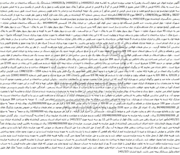 آگهی مزایده ششدانگ یک دستگاه ساختمان در حال ساخت و ساز است به پلاک 4141 فرعی از 139 اصلی مفروز از 3495 فرعی از 7و 2 و 6 فرعی