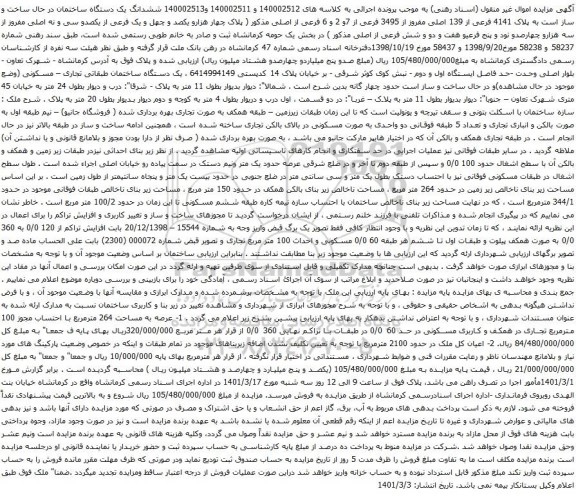 آگهی مزایده ششدانگ یک دستگاه ساختمان در حال ساخت و ساز است به پلاک 4141 فرعی از 139 اصلی مفروز از 3495 فرعی از 7و 2 و 6 فرعی