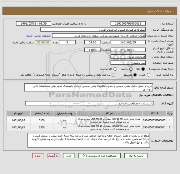 استعلام خرید و حمل جدول بتنی پرسی و جدول ماهیچه بتنی پرسی خیابان کمربندی شهر برابر مشخصات فنی پیوستی