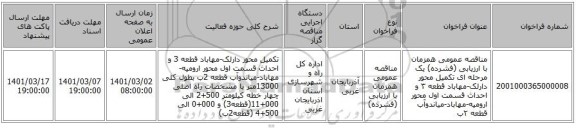 مناقصه عمومی همزمان با ارزیابی (فشرده) یک مرحله ای  تکمیل محور دارلک-مهاباد قطعه ۳ و احداث قسمت اول محور ارومیه-مهاباد-میاندوآب قطعه ۲ب