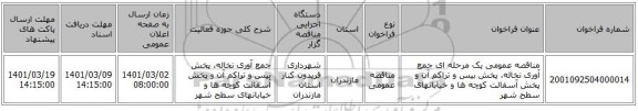 مناقصه عمومی یک مرحله ای جمع آوری نخاله، پخش بیس و تراکم آن و پخش آسفالت کوچه ها و خیابانهای سطح شهر