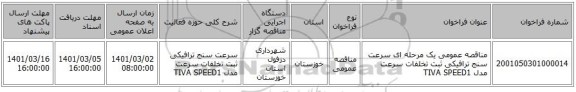 مناقصه عمومی یک مرحله ای سرعت سنج ترافیکی ثبت تخلفات سرعت مدل TIVA SPEED1