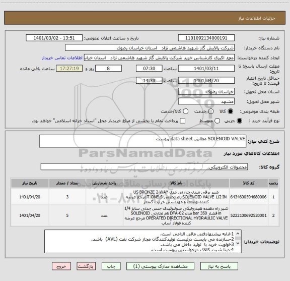 استعلام SOLENOID VALVE مطابق data sheet پیوست