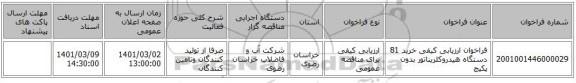 فراخوان ارزیابی کیفی خرید 81 دستگاه هیدروکلریناتور بدون پکیج  