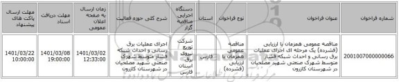 مناقصه عمومی همزمان با ارزیابی (فشرده) یک مرحله ای اجرای عملیات برق رسانی و احداث شبکه فشار متوسط شهرک صنعتی شهید مصلحیان در شهرستان کازرون 