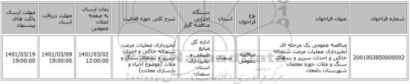 مناقصه عمومی یک مرحله ای آبخیزداری عملیات مرمت شنچاله خاکی و احداث سرریز و بندهای سنگ و ملات حوزه معلمان شهرستان دامغان