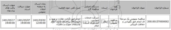 مناقصه عمومی یک مرحله ای انجام امور نگهبانی و حفاظت فیزیکی