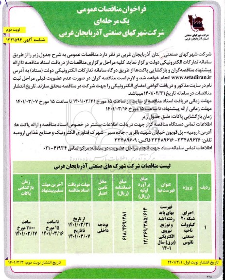 مناقصه، مناقصه عمومی اجرای شبکه 20 کیلوولت ناحیه صنعتی نائوس 