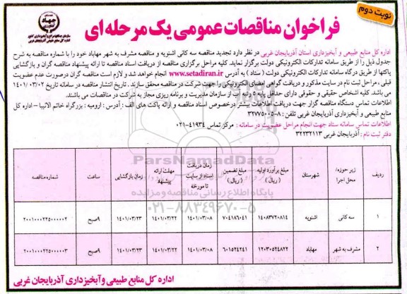 فراخوان مناقصات سه کانی اشنویه... نوبت دوم