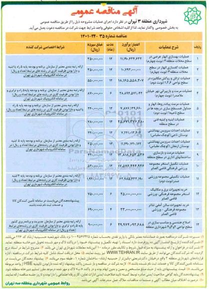 مناقصه عمومی عملیات بهسازی انهار عرضی در سطح محلات...