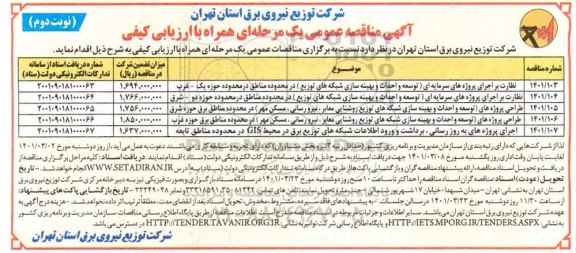 مناقصه عمومی نظارت بر اجرای پروژه های سرمایه ای... - نوبت دوم 