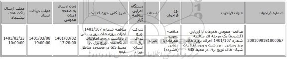 مناقصه عمومی همزمان با ارزیابی (فشرده) یک مرحله ای مناقصه شماره 1401/107 اجرای پروژه های بروز رسانی ، برداشت و ورود اطلاعات شبکه های توزیع برق در محیط GIS