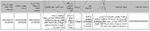 مناقصه عمومی همزمان با ارزیابی (فشرده) یک مرحله ای مناقصه شماره 1401/105 طراحی پروژه های توسعه و احداث و بهینه سازی شبکه های توزیع در محدوده مناطق برق حوزه یک