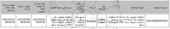 مناقصه عمومی یک مرحله ای مناقصه عمومی یک مرحله ای برون سپاری خدمات شهری سال 1401 شهرداری سطر