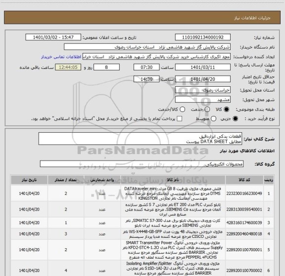استعلام قطعات یدکی ابزاردقیق
مطابق DATA SHEET پیوست