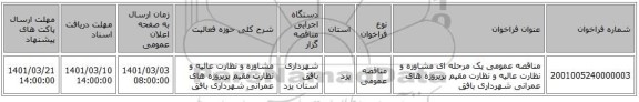مناقصه عمومی یک مرحله ای مشاوره و نظارت عالیه و نظارت مقیم برپروژه های عمرانی شهرداری بافق