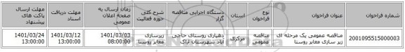 مناقصه عمومی یک مرحله ای زیر سازی معابر روستا