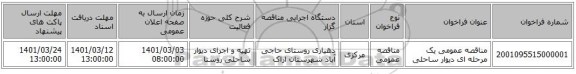 مناقصه عمومی یک مرحله ای دیوار ساحلی