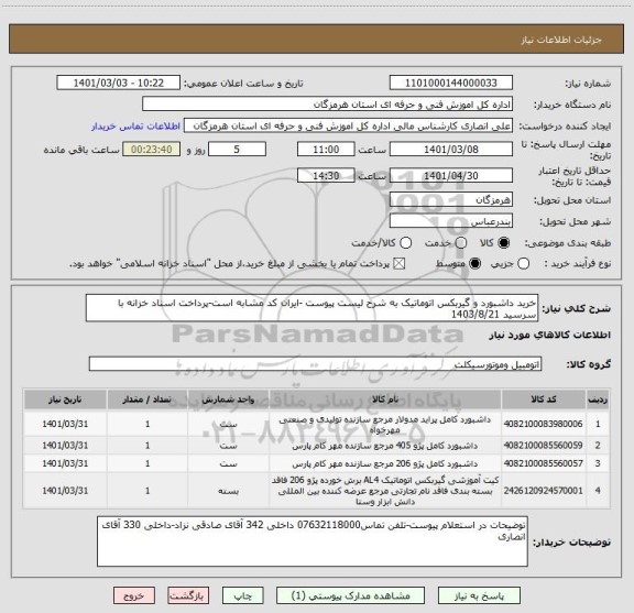 استعلام خرید داشبورد و گیربکس اتوماتیک به شرح لیست پیوست -ایران کد مشابه است-پرداخت اسناد خزانه با سرسید 1403/8/21