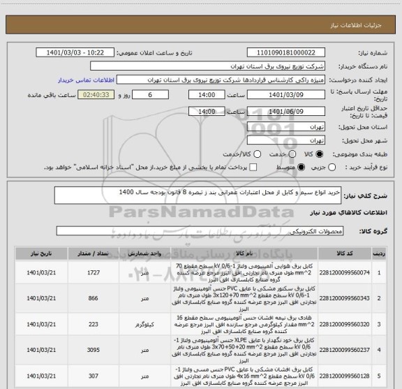 استعلام خرید انواع سیم و کابل از محل اعتبارات عمرانی بند ز تبصره 8 قانون بودجه سال 1400