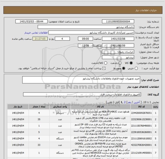 استعلام خرید تجهیزات حوزه فناوری واطلاعات دانشگاه نیشابور