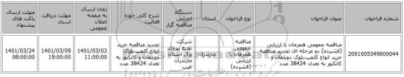 مناقصه عمومی همزمان با ارزیابی (فشرده) دو مرحله ای تجدید مناقصه خرید انواع کلمپ،بلوک دوبلمان و کانکتور به تعداد 38424 عدد