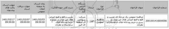 مناقصه عمومی یک مرحله ای تخریب و قلع و قمع اعیانی های غیر مجاز در بستر و حریم رودخانه های ساوجبلاغ و نظرآباد 