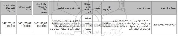مناقصه عمومی یک مرحله ای اصلاح و بهسازی سیستم انتقال داده به سامانه مدیریت مصرف به منظور پایش طرح تحویل حجمی آب 